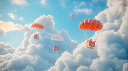 Poster - A Box flying on a parachute with pink cloud,vector illustration of package flying down from sky and cloud with parachute, concept for delivery service,shopping online,air delivery service.