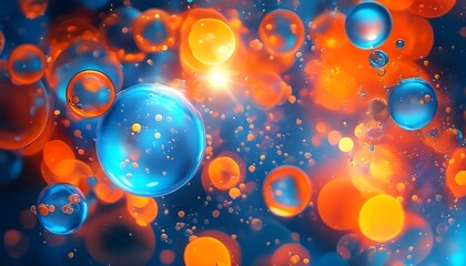 Vibrant abstract backdrop featuring glowing bubbles and bright bokeh lights in dynamic blue and orange tones