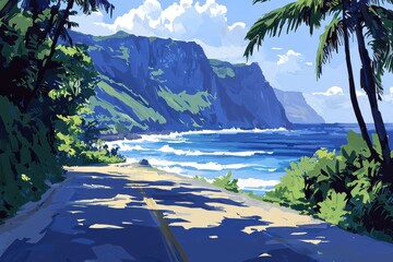 Scenic tropical landscape with palm trees, beach, and rugged cliffs