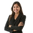 © Only PNG - A young female Hispanic businesswoman in elegant business attire, smiling, white background. isolated on white background.