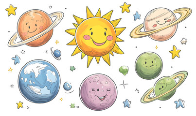 Wall Mural - graphics of space, planets, and astronauts on a white background.