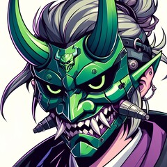 Wall Mural - Oni green mask sign pose cyberpunk anime boy head design.