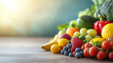 Close-up of vibrant fresh fruits and vegetables arranged in a balanced layout on a wooden table, symbolizing healthy gut nutrition and natural wellness.