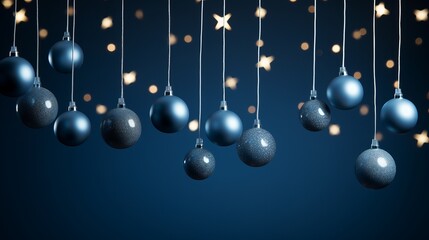 Elegant blue holiday ornaments and star lights hanging against a deep blue background