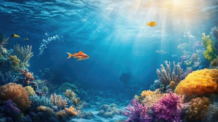 A calm underwater ocean scene, where vibrant marine life swims peacefully among coral, bathed in the natural light of the ocean depths.