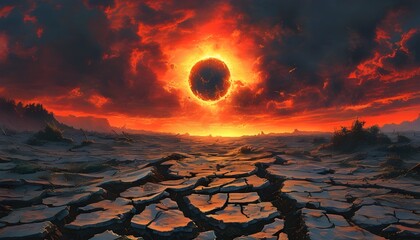 Dystopian vista of cracked earth beneath a menacing red sky and a colossal, fractured sun radiating intense light