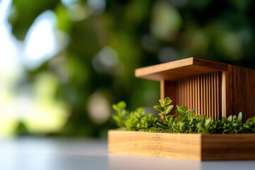 A close-up view of a wooden model home surrounded by green foliage, ideal for architectural and design inspiration.