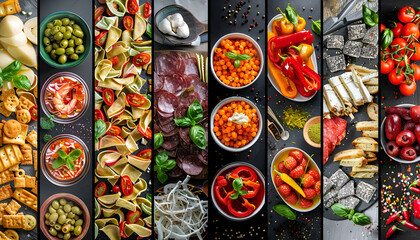 Poster - Background of food dishes and snacks. Photo collage, banner from photos