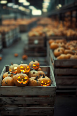 Poster - Shining carved Halloween pumpkins harvested in wooden boxes in a warehouse.