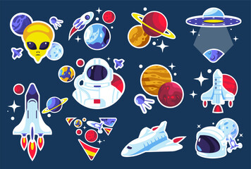 Wall Mural - space stickers. cartoon astronaut and cosmonaut in space suit with rocket and satellite, cosmos and 