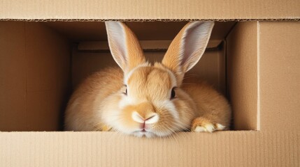 A fluffy light brown rabbit resting inside a cardboard box, looking cozy and relaxed, symbolizing comfort and cuteness