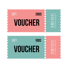 Voucher, coupon set for promotion sale. Vector coupon, discount money gift 100$ 200$ .
