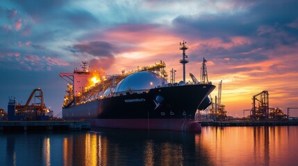 A gas tanker being loaded with LNG at a port, part of the global natural gas transport system ensuring energy supply across continents