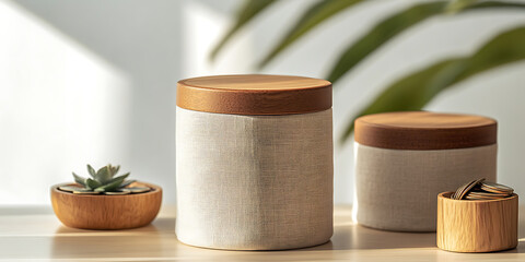 Two cylindrical containers with wooden lids and a linen-like fabric exterior stand on a wooden table with a small potted succulent plant in front.