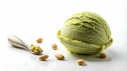 A scoop of velvety pistachio gelato on a solid white background, pistachio, gelato, ice cream, dessert, creamy, delicious, sweet