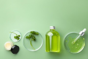 Sticker - Petri dishes with cosmetic products, pipette and parsley on green background, flat lay. Space for text