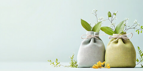 Two fabric pouches with sprigs of white flowers and green leaves, a minimalist and elegant display.