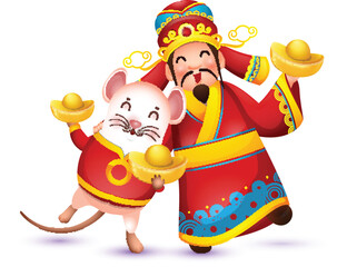 Poster - Happy Chinese God of Wealth and Cartoon Rat Holding Ingots Elements.