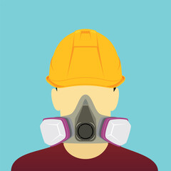 Wall Mural - Worker with safety helmet and respiratory mask. Vector illustration of labor head wearing hardhat and breathing protection for personal protective equipment against falling material and fumes hazard.