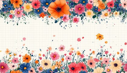 cartoon of flower bouquets flying in surrealism space on white graph paper on a poster background