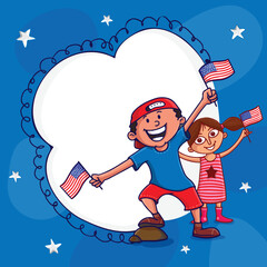 Sticker - Cute kids with frame for American Independence Day celebration.