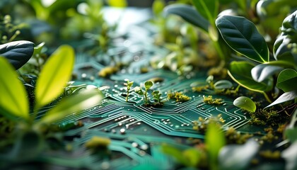 Nature Meets Technology: A Green Circuit Board Embraced by Lush Plants for Eco-Tech and Sustainability Themes