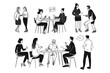 © Olena Kapinus - A black and white illustration series showing employees working at their desks, each in different stages of concentration or collaboration.