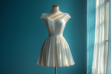 A simple white dress on an empty mannequin.  Generative AI.