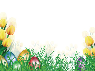 Poster - Glossy Colorful Eggs Hidden in Green Grass with Tulip Flowers and Copy Space for Easter Festival Concept.