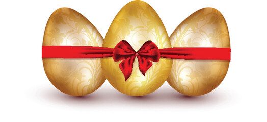 Canvas Print - Realistic golden eggs tied with red bow ribbon for Easter festival celebration concept.