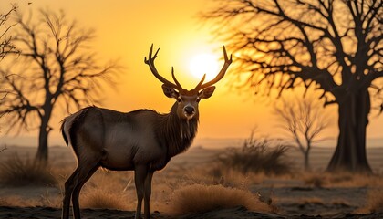 Wall Mural - Majestic deer amidst a dramatic desert landscape at sunset, framed by barren trees and a stunning golden sky