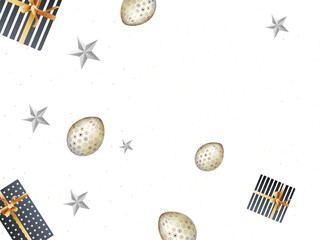 Wall Mural - Top View of Easter Eggs with Stars, Gift Boxes Decorated Background and Copy Space.