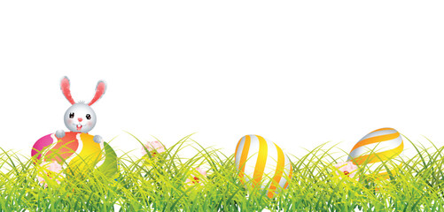 Poster - Cute Bunny Character Enjoys with Easter Eggs, Flowers on Greenery Grass Background and Copy Space.