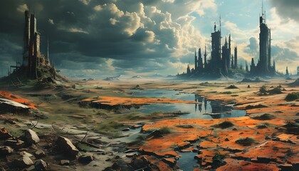 Desolate post-apocalyptic landscape featuring crumbling ruins and lifeless terrain, reflecting a stark dystopian future.