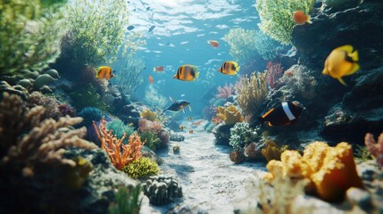 A peaceful underwater view of the ocean, showcasing colorful fish swimming among coral reefs in a natural, outdoor environment.