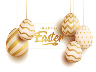 Sticker - Happy Easter Poster Design Decorated with 3D Golden Printed Eggs Hang.