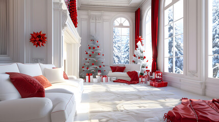 Beautiful festive Christmas interior with red and white flowers. AI Generated