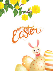 Canvas Print - Happy Easter Poster Design with Cute Bunny Character, Shiny Eggs and Yellow Blossom Branch on White Background.