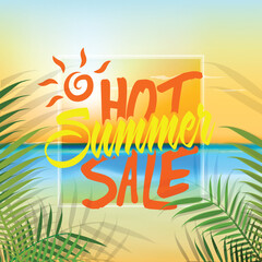 Wall Mural - hot summer sale poster design with sunshine beach landscape vector illustration.