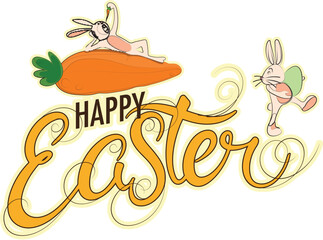 Canvas Print - Happy Easter Celebration Greeting Card with Doodle Style Bunnies Character, Carrot on White Background.