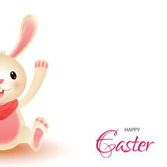 Poster - Happy Easter Celebration Greeting Card with Happy Cartoon Bunny Character Raised Hands.