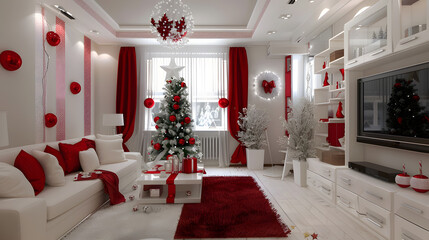 Beautiful festive Christmas interior with red and white flowers. AI Generated