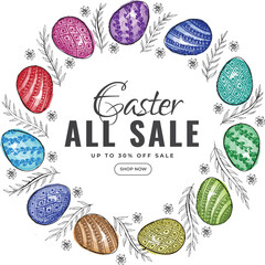 Wall Mural - easter sale poster design with circular frame made by colorful eggs on white background.