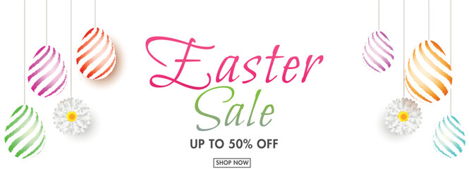 Wall Mural - easter sale banner or header design with colorful eggs hang and special offers.