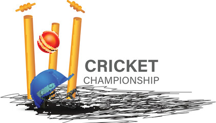 Poster - Cricket Championship Banner Design with Red Ball Hitting Wicket Stumps and Blue Helmet Illustration.