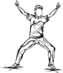 Poster - Sketching illustration of faceless cricket bowler giving a run out hand signal in standing pose.