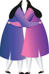 Sticker - Cartoon Illustration of two smiling black veiled Muslim women embracing each other standing vector illustration.