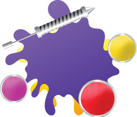 Sticker - Holi Play with Gulal (Dry Colour ) with Pichkari (Water Gun) on Purple Color Spalsh Background, Top View Vector Illustration.