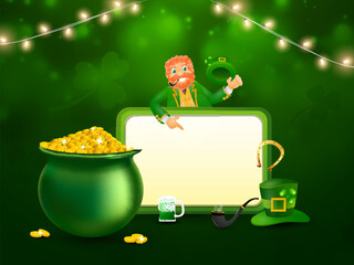 Wall Mural - St Patrick's Day Celebration with Cartoon Happy Leprechaun Man Showing Empty Frame with Treasure Pot, Beer Mug, Smoking Pipe and Lighting Garland Decorated on Green Clover Leaves Background.