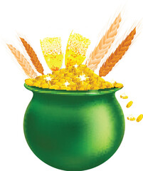 Sticker - St. Patrick's Day Celebration with Wine Glass on Treasure Pot and Wheat Vector Illustration.